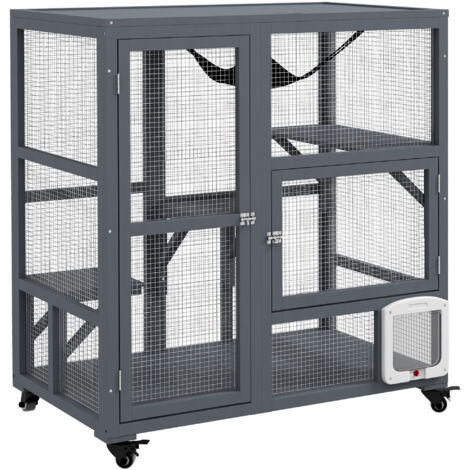 Cat House, Wooden Indoor Catio Cat Enclosure on Wheels, Wooden Kitty Cage with Platforms, Hammock, Light Grey