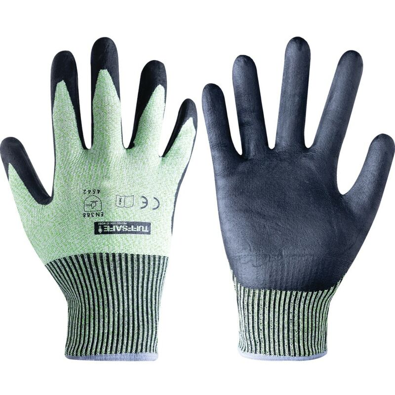 Cut Resistant Gloves, Nitrile Foam Coated, Green/Black, Size 10 - Black Green - Tuffsafe