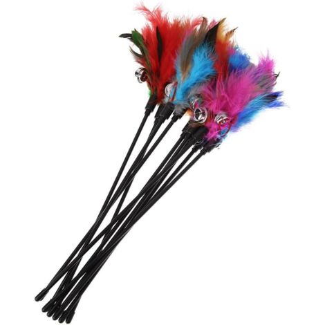 Cat Kitten Toy Colorful Artificial Feathers Short Rod Interactive Cat Funny Cat Stick with Bells and Feathers Feathered Toy for Cats 5 Pack Random Color
