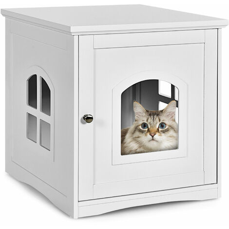 Cat Litter Box Enclosure Decorative Cat House Side Table w/Magnetic Door &Window