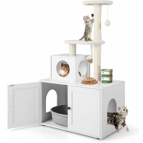 COSTWAY Cat Litter Box Enclosure with Cat Tree 2-in-1 Hidden Cats Washroom Furniture