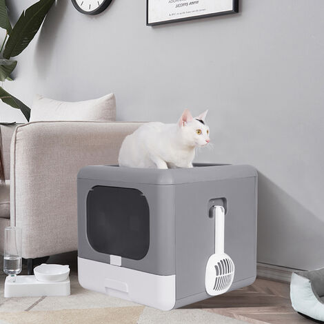 Cat Litter Box Pet Toilet Tray With Scoop Enclosed Drawer Skylight Door Smelless