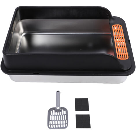 Cat Litter Box Stainless Steel Large Capacity Top Entry Anti Splashing Metal Litter Pan with Leakproof Mat for Pet Black Extra Large