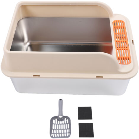 Cat Litter Box Stainless Steel Large Capacity Top Entry Anti Splashing Metal Litter Pan with Leakproof Mat for Pet Khaki Extra Large