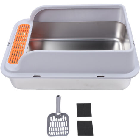 Cat Litter Box Stainless Steel Large Capacity Top Entry Anti Splashing Metal Litter Pan with Leakproof Mat for Pet Light Gray Extra Large