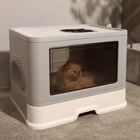 Cat Litter Box: XXL Cat Litter Box Large Cat Litter Box Closed Easy to Clean with Scoop and Brush for Massage, 50x38x37cm Light Gray