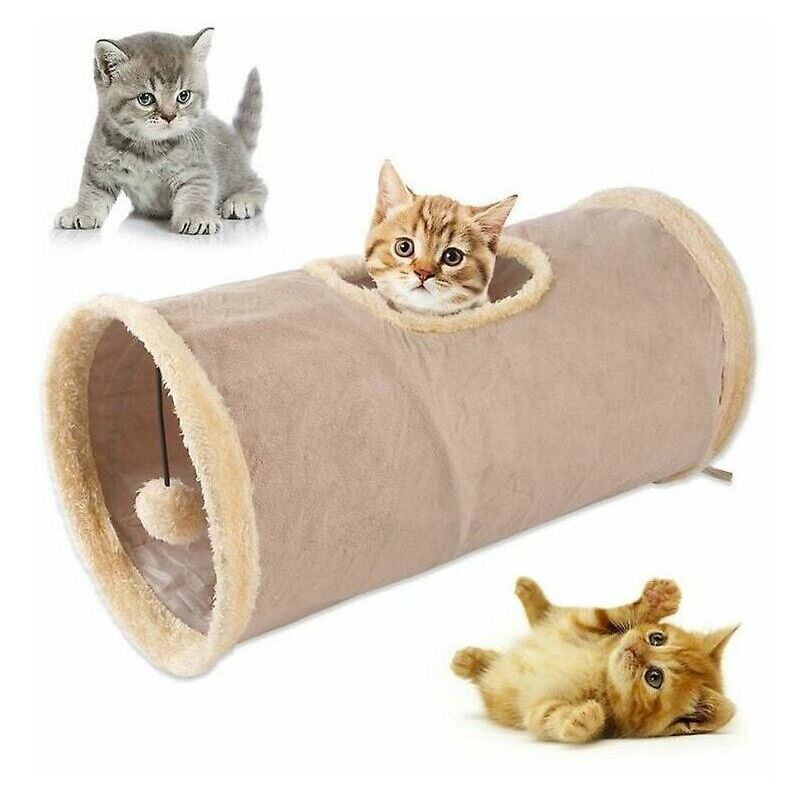 Collapsible Cat Tunnel, Cat Play Tunnel, Durable Suede Play Tunnel with Ball Khaki