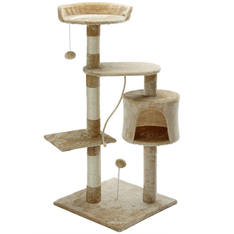 Scratching Post Cat Tree Scratch Tree Climbing Sisal Scratcher Cat Condo Play Balls Rope Cave Comfy Cosy Robust Plush Clothing Faux Fur mdf Base Cat
