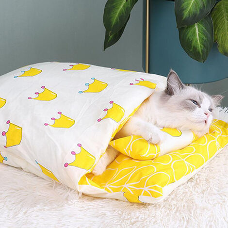 Cat Sleeping Bed Winter Warm Cat Nest Japanese Style Cat Sleeping Bag Soft Cat House Small Pet Kennel Thick Cat Litter Bed Quilt with Pillow Blue 
