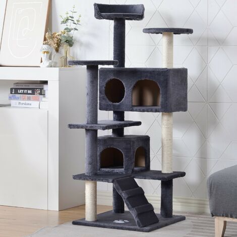 Cat Towers Cat Condo with Platform , Scratching Posts for Kittens Pet Play House with Plush Perch(Dark grey)