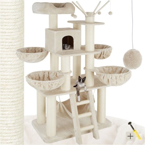 Cat Tree Gismo - 195 cm tall, sisal cat scratching posts, toy balls & anti-tip - cat scratching post, cat house, cat tower - beige/white