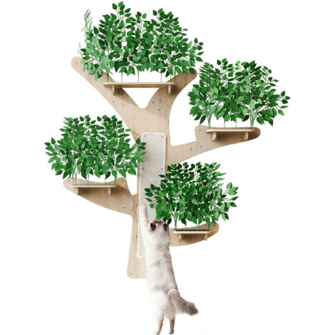 Cat tree mural en forme d'arbre 155x210cm, parcours d'escalade en pin massif avec plateformes & griffoir, design robuste & déco - naturel