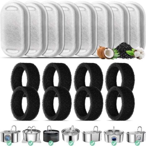 Cat Water Fountain Filter, 8 Replacement Filters for 3.2L/2L Stainless Steel Cat Water Fountain, 8 Filters with Activated Carbon and 8 Foam Filters for Cat Fountain
