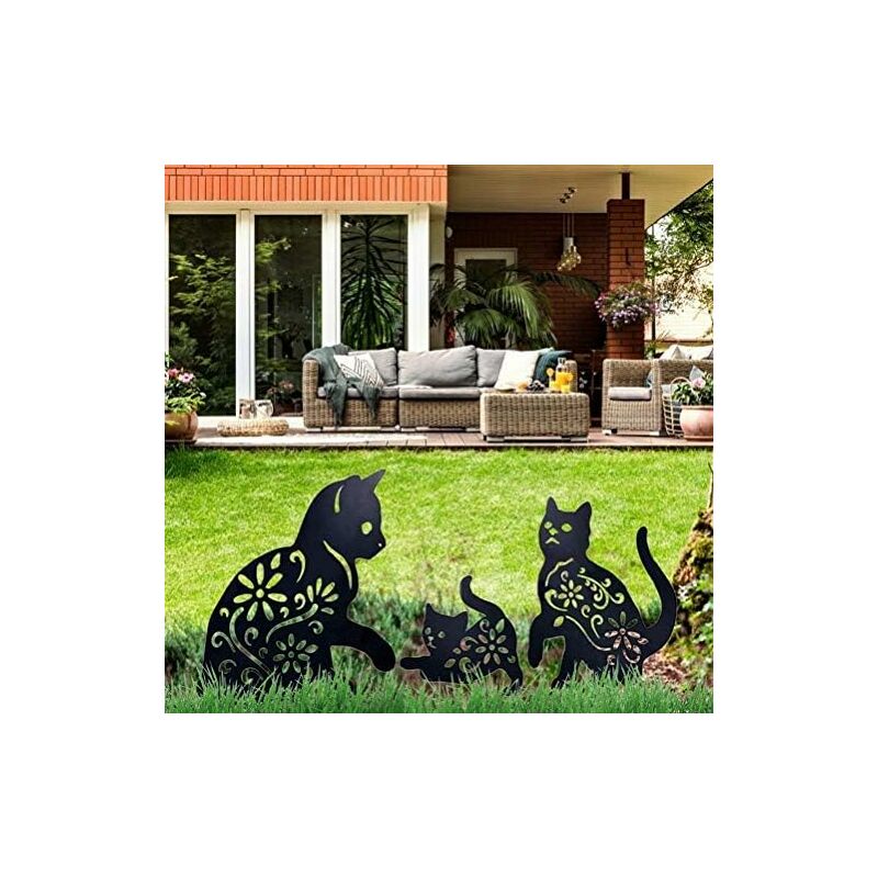 Cat Yard Art Jardin Statues Métalliques Déco, 3 pièces Chat Évider Silhouette Forme Animale Pieu Décorations, Noir