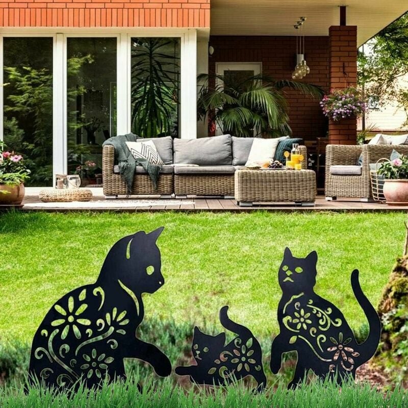 Cat Yard Art Jardin Statues Métalliques Déco, 3 pièces Chat Évider Silhouette Forme Animale Pieu Décorations, Noir