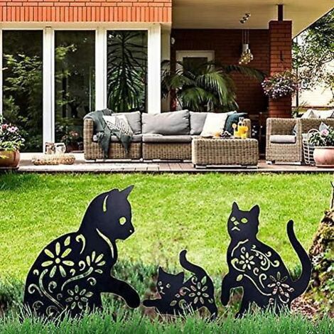 cat Yard Art Jardin Statues Mtalliques Dco, 3 Pices Chat Vider Silhouette Forme Animale Pieu Dcorations, Noir