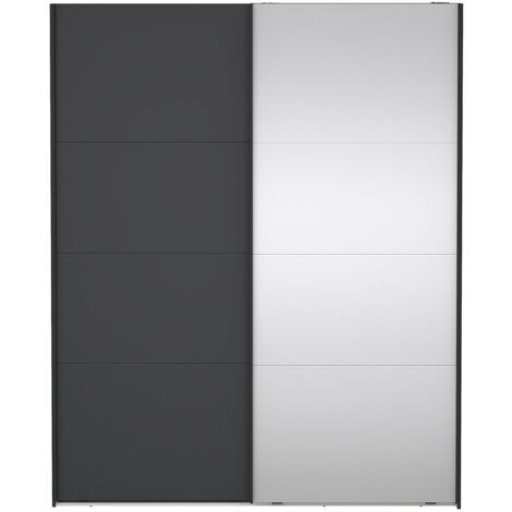 Catania Kleiderschrank 221x179x65cm, 1 Schiebetür, 1 Schiebetür mit Spiegel matt schwarz.