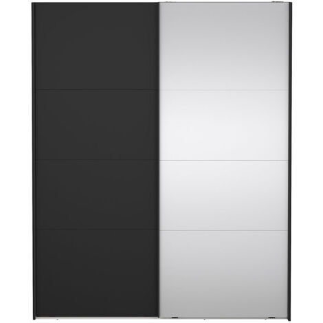 Catania Kleiderschrank 221x179x65cm, 1 Schiebetür, 1 Schiebetür mit Spiegel matt schwarz.