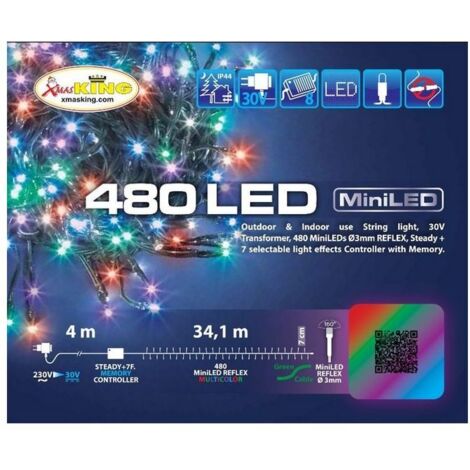 Catena 34,1 m, 480 miniled multicolor plus, (colori rosso, porpora, verde, blu), cavo verde, con controller 8 giochi catena natalizia, luci colorate, decorazione luminosa
