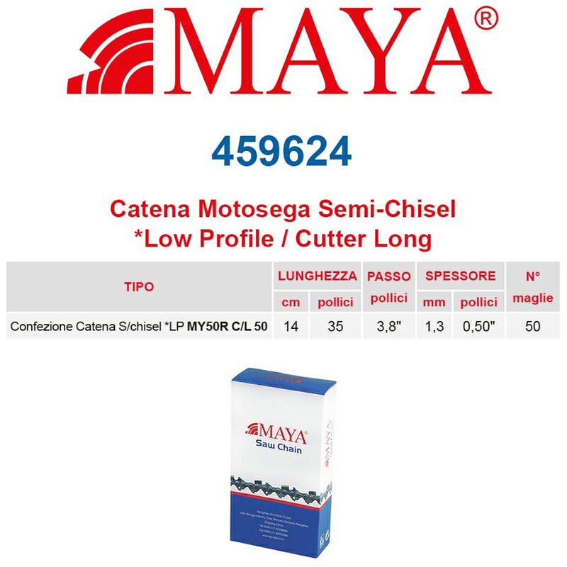 Image of Catena confezionata lp 3/8" 1.3 mm - .050" 50 maglie senza antirimbalzo profilo Semi tondo lungo Maya - 459624