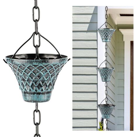 Catena decorativa per la raccolta dell'acqua piovana a forma di ombrello, a scacchi blu, lunga 2,6 m, ideale per grondaie e giardini – 12 tazze