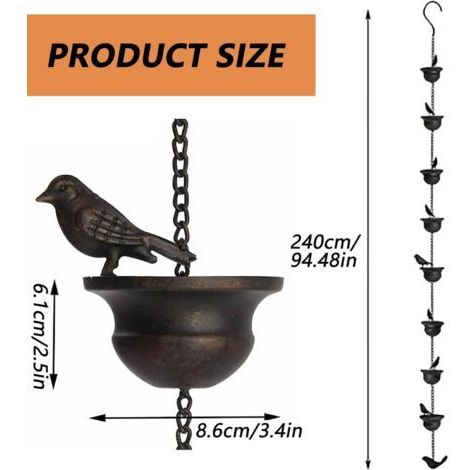 Catena decorativa per la raccolta dell'acqua piovana da 2,4 metri con uccellini per grondaie, catena mobile per la raccolta dell'acqua piovana con uccellini e tazze, raccoglitore di acqua piovana
