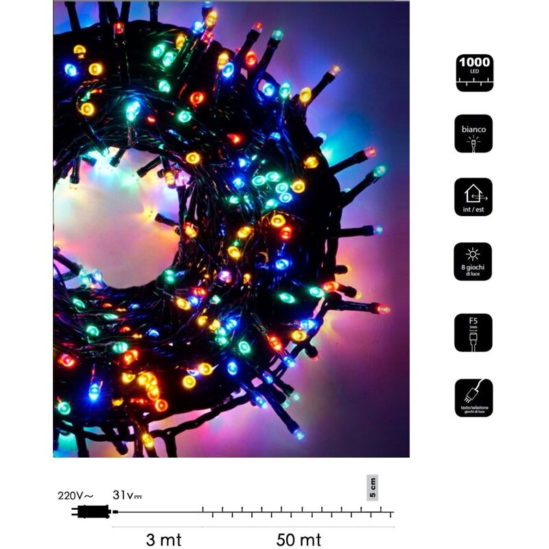 Image of Catena luminosa LED Natale 1000 led 50 mt cavo verde serie luminosa natalizie per esterno interno albero feste Multicolore