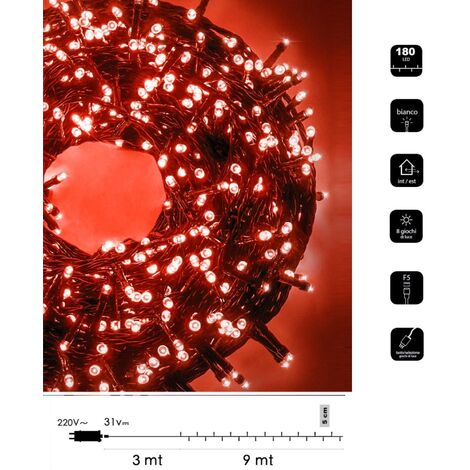 Catena di luci Natale 180 led serie luminosa natalizie cavo verde per esterno interno albero feste decorativa  Rosso