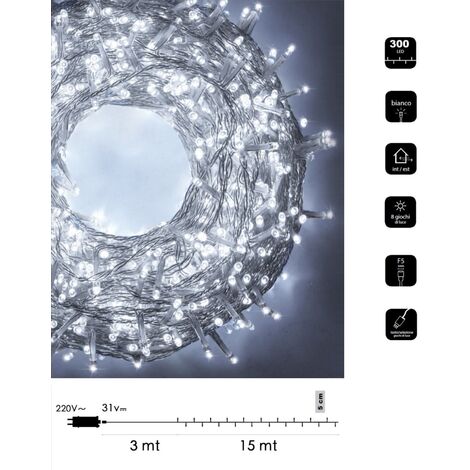 Catena di luci Natale 300 led cavo trasparente serie luminosa natalizie per esterno interno albero feste decorativa  Bianco freddo