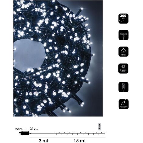 Catena di luci Natale 300 led serie luminosa natalizie per esterno interno albero feste cavo verde decorativa  Bianco freddo