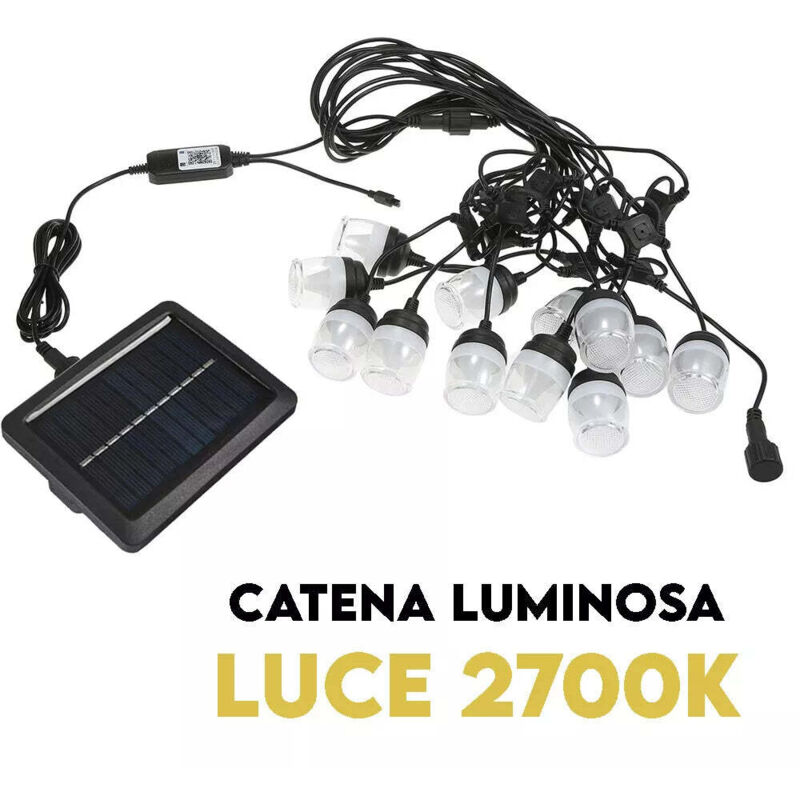 Catena di Luci Solari da Esterno, 12 Lampadine 12m, IP65, Luce Calda 2700K