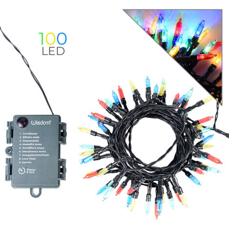 Catena di luci Vintage 10 metri da 100 Led Multicolore con cavo verde a batteria Wisdom