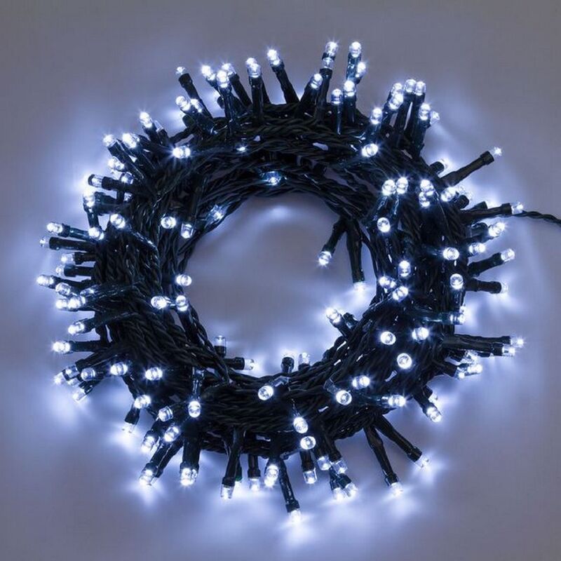 Image of Stringa catena 8 mt serie 200 luci di Natale a led 5 mm reflex bianco freddo con 8 giochi di luce e memoria cavo verde per esterno interno Bianco