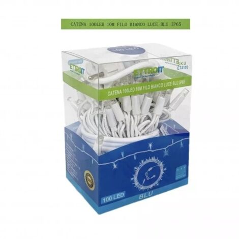Catena luminosa 100 led luci di Natale 10 metri prolungabile da esterno ip65 balconi terrazze giardino  ET4105 - FILO BIANCO - LUCE  BLU
