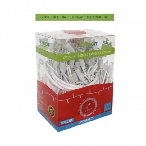 Catena luminosa 100 led luci di Natale 10 metri prolungabile da esterno ip65 balconi terrazze giardino  ET4107 - FILO BIANCO - LUCE ROSSA