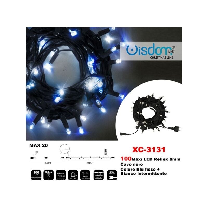 Image of Trade Shop - Catena Luminosa 100 Luci Led Lucciole Blu Fisso + Bianco Intermittente Xc-3131