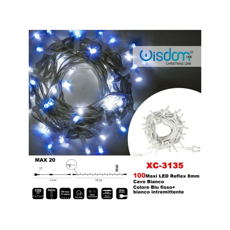 Image of Trade Shop - Catena Luminosa 100 Luci Led Lucciole Blu Fisso + Bianco Intermittente Xc-3135