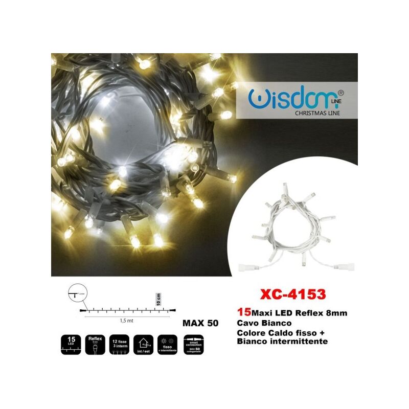 Image of Trade Shop - Catena Luminosa 15 Luci Led Lucciole Caldo Fisso + Bianco Intermittente Xc-4153