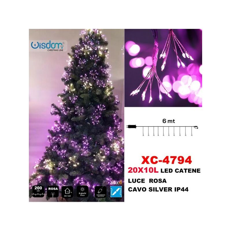 Image of Trade Shop - Catena Luminosa 200 Led 20x10 Luci Con Ciuffi Luce Rosa Cavo Silver Ip44 Xc-4794