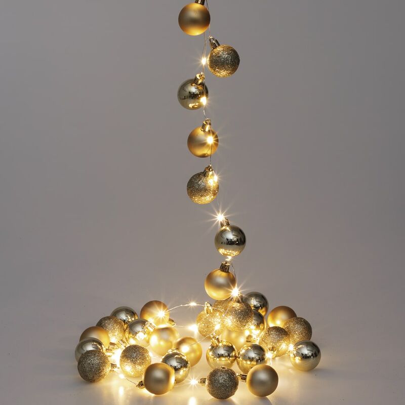 Image of Catena luminosa a led dorata da 2 m con palline di Natale
