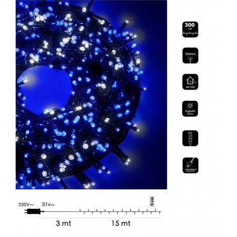 Catena Luminosa bicolore Natale 300 led 15 mt serie luminosa natalizie cavo verde albero feste luce bianco rosso blu calda  Bianco- Blu