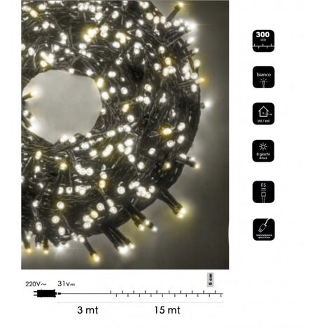 Catena Luminosa bicolore Natale 300 led 15 mt serie luminosa natalizie cavo verde albero feste luce bianco rosso blu calda Bianco- Caldo