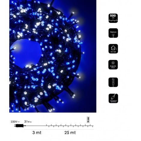 Catena luminosa bicolore Natale 500 led 25 mt serie luminosa natalizie cavo verde albero feste luce bianco rosso blu calda  Bianco- Blu