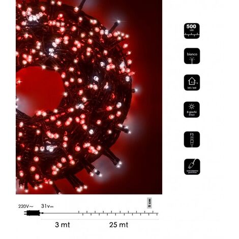 Catena luminosa bicolore Natale 500 led 25 mt serie luminosa natalizie cavo verde albero feste luce bianco rosso blu calda Bianco- Rosso