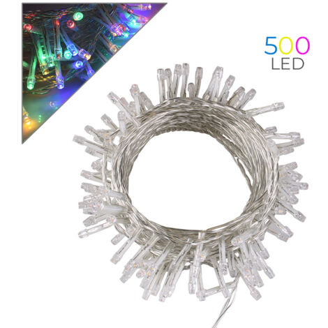 CATENA LUMINOSA LED 500 LUCI MULTICOLORE 25M CON CONTROLLER 8 FUNZIONI DI ILLUMINAZIONE CAVO TRASPARENTE IDEALE PER ESTERNO IP44