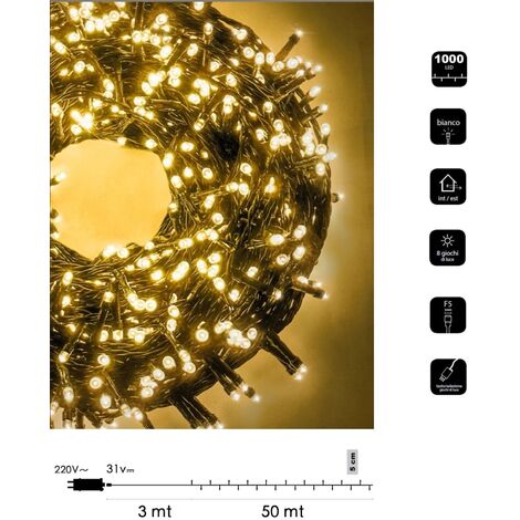 Catena luminosa LED Natale 1000 led 50 mt cavo verde serie luminosa natalizie per esterno interno albero feste  Calda