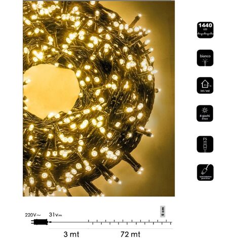 Catena luminosa LED Natale 1440 led 72 mt cavo verde serie luminosa natalizie per esterno interno albero feste  Calda