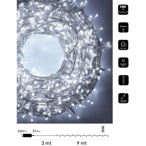 Catena luminosa LED Natale 180 led 9 mt cavo trasparente serie luminosa natalizie per esterno interno albero feste  Bianco freddo