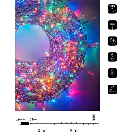 Catena luminosa LED Natale 180 led 9 mt cavo trasparente serie luminosa natalizie per esterno interno albero feste  Multicolore