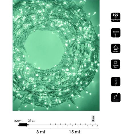 Catena luminosa led Natale 300 led 15 mt cavo trasparente serie luminosa natalizie per esterno interno albero feste decorativa  Verde acqua